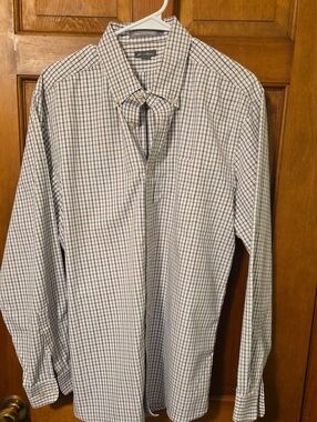 Eddie Bauer White Shirt with Navy & Burgundy Check Button-Down Men's Size Large